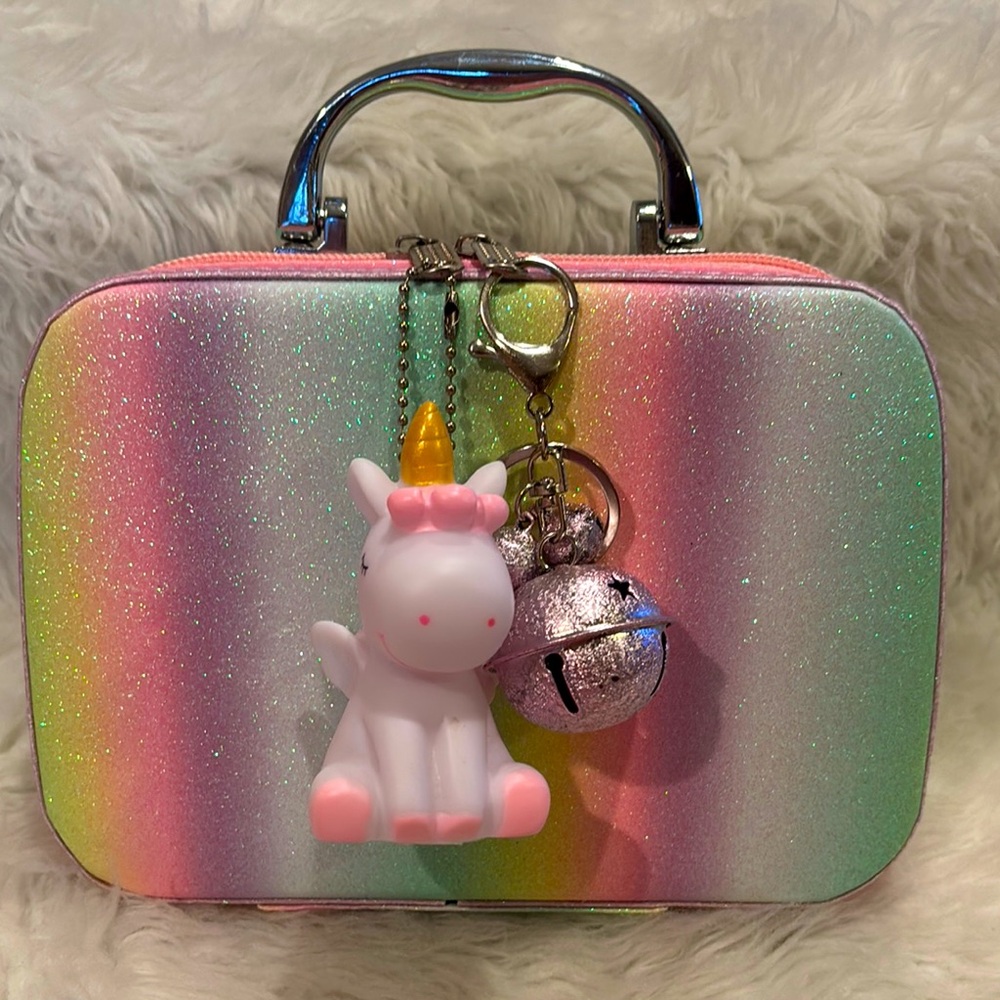 Rainbow Glitter Cosmetic Case with Unicorn and Bell Charm NWOT